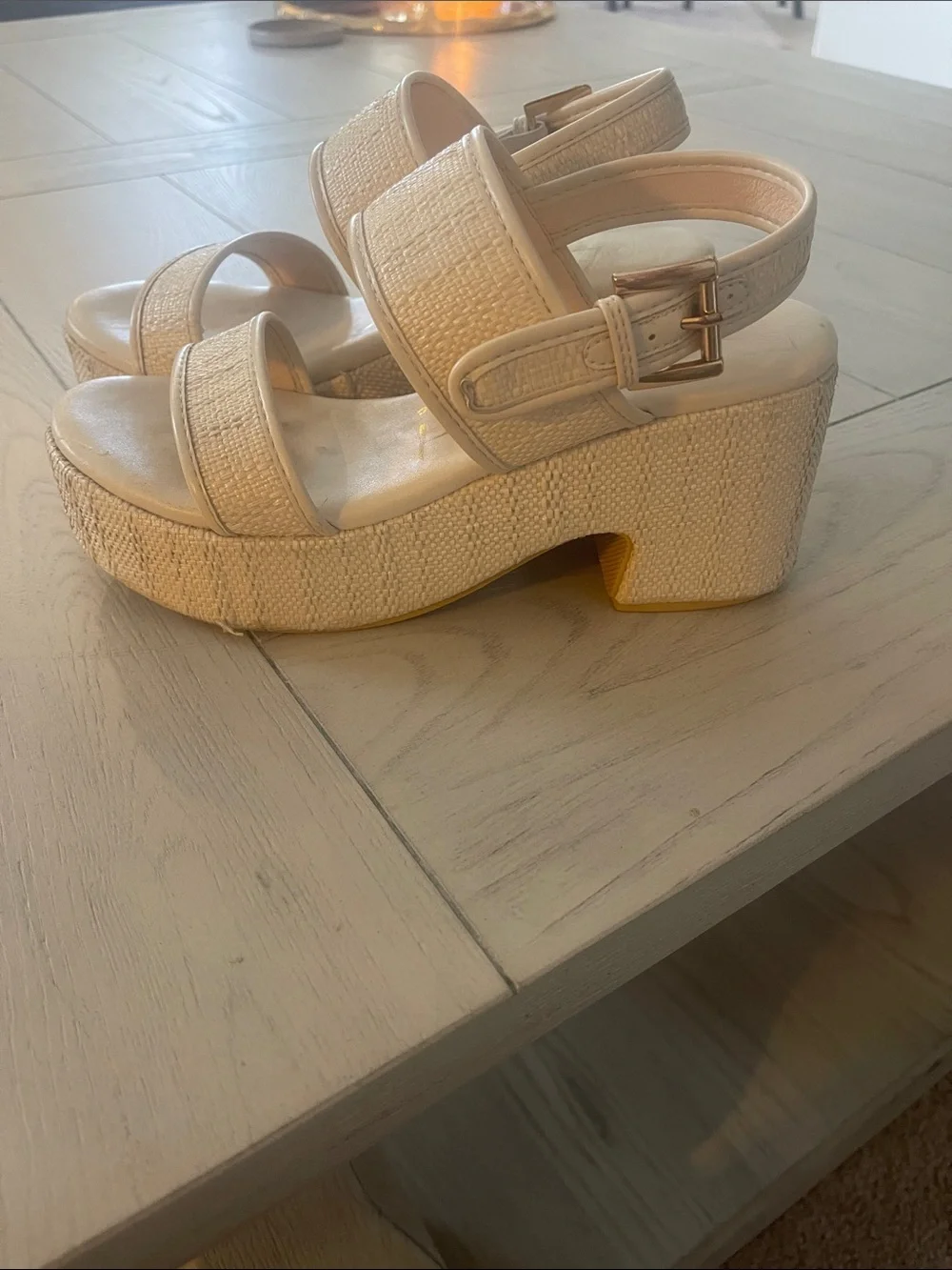 Matisse Cream Woven Platform Sandals with Gold Buckle
